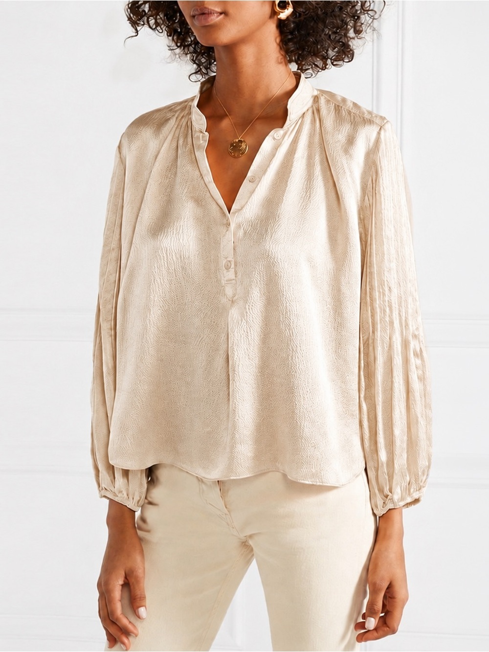 NWT - APIECE APART - Bravo Pleated Hammered Silk-satin Blouse - Soft Blush